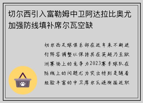 切尔西引入富勒姆中卫阿达拉比奥尤加强防线填补席尔瓦空缺