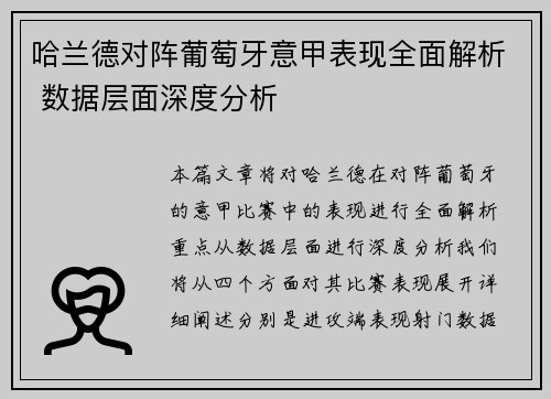哈兰德对阵葡萄牙意甲表现全面解析 数据层面深度分析